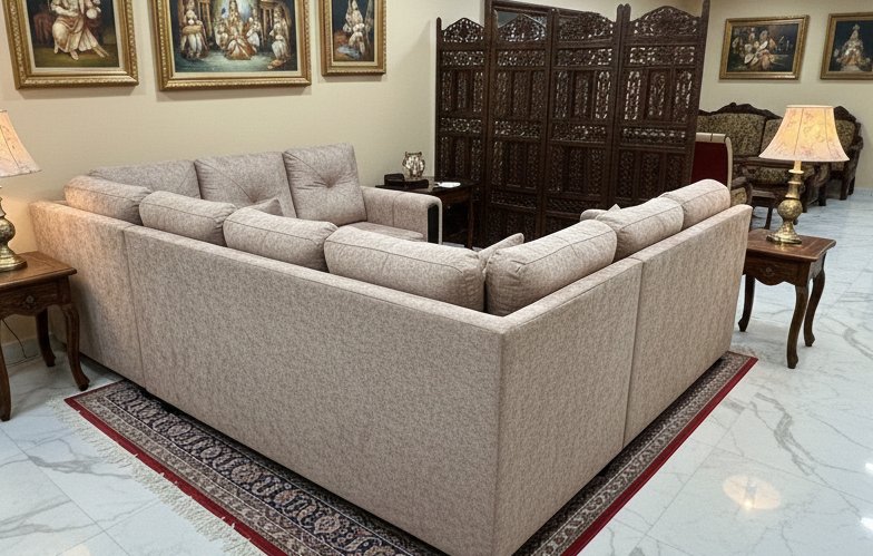 Premium Light Beige L-Shaped Fabric Sofa Set with Plush Backrest (7/8 Seater) - Image 3